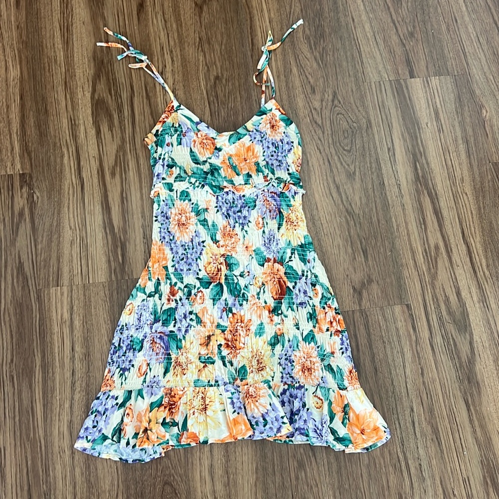 Express runched floral dress with tie straps